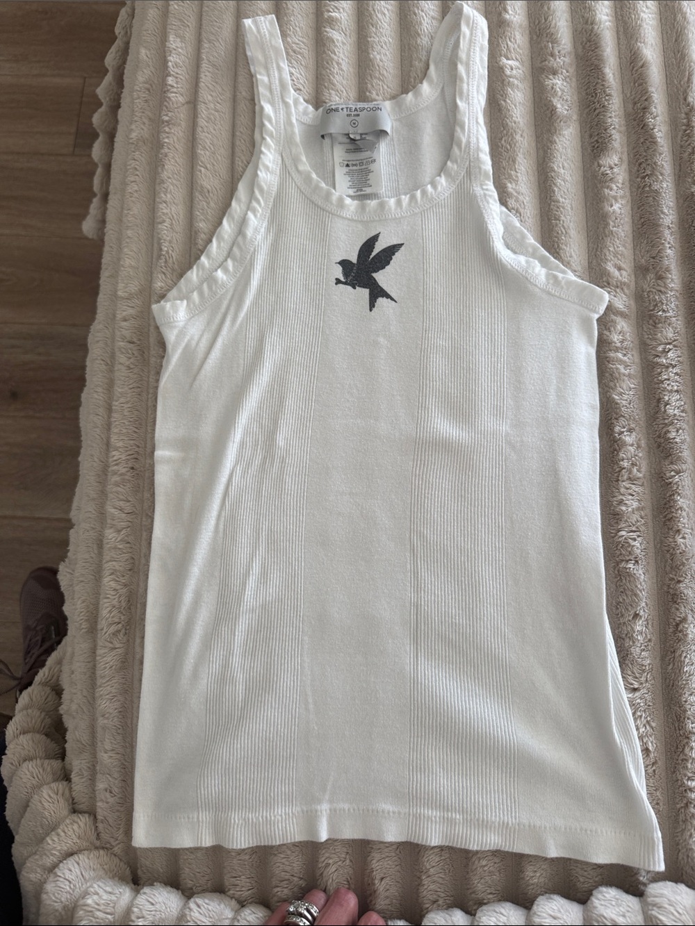 One Teaspoon women’s White Ribbed Tank with Dark Bird Motif